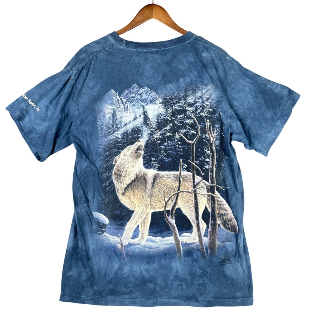 Vintage 1999 The Mountain Wolf Tie Dye Pocket T-Shirt Mens Large Blue Y2K Nature